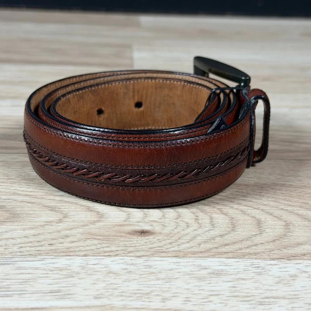 Mezlan Belt Mens 32 Brown Woven Leather Dress Belt Made in Spain M4929